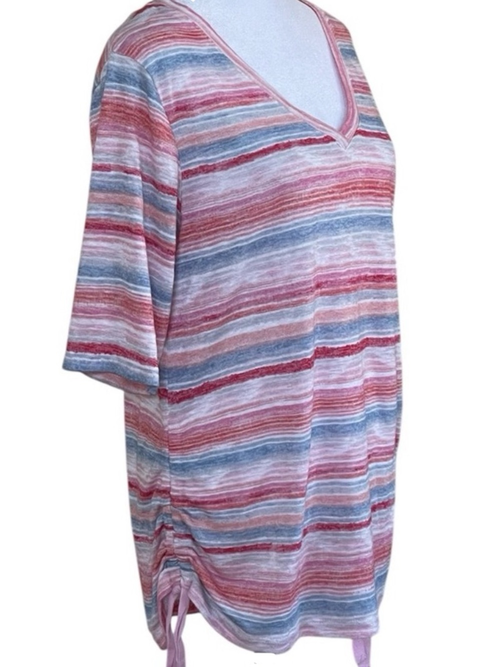 Democracy Pink Blue White Stripes Knit Top Short Sleeves Drawstring Sides, L - Picture 6 of 12